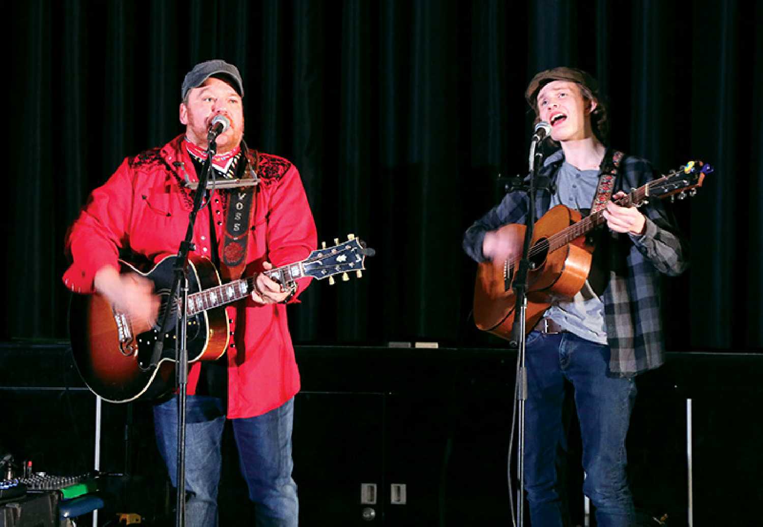 <b>Back by popular demand:</b> JJ Voss, left, and Lachlan Neville performing at a concert in Moosomin earlier this year.
